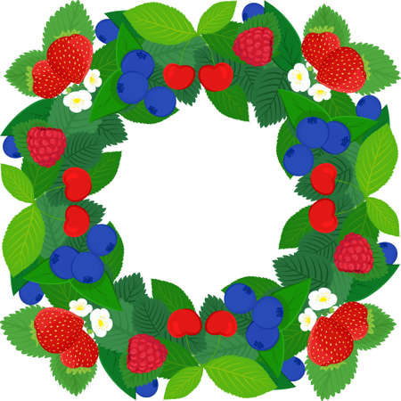 Frame design with strawberries, cherries, blueberries and raspberries and flowers isolated on white background. Berry vector frame, wreath design with copy spaceのイラスト素材