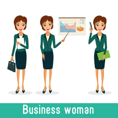 Business woman character vector set. Working female in office. Cheerful smiling business woman character. Woman career collection isolated on white backgroundのイラスト素材