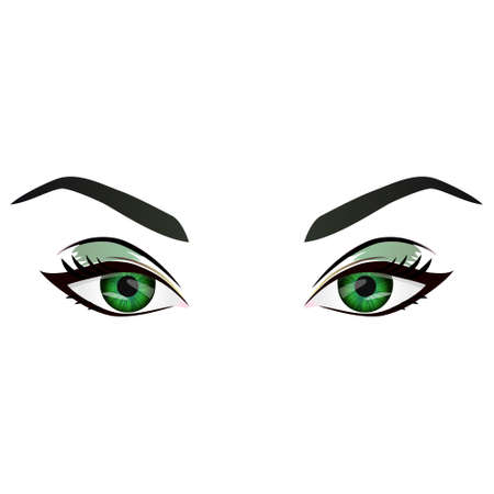 Realistic cartoon vector female green eyes and eyebrows and fashion make up. Green eyes and brows design element, body parts isolated on white background. Eyes close upのイラスト素材