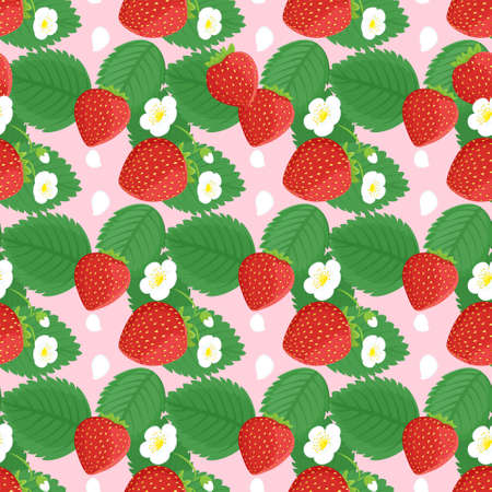 Seamless pattern design with strawberries, leaves and flowers. Strawberry vector seamless pattern printのイラスト素材