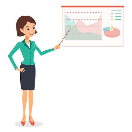 Business woman pointing on graph, diagram. Cheerful smiling woman in business suit making presentation. Vector person character isolated on white backgroundのイラスト素材