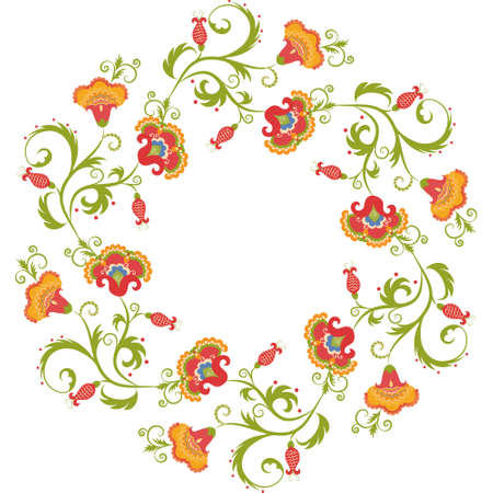 Floral frame. Indian or arabic style flowers and leaves arranged in a wreath. Great for wedding invitations and birthday cards.のイラスト素材