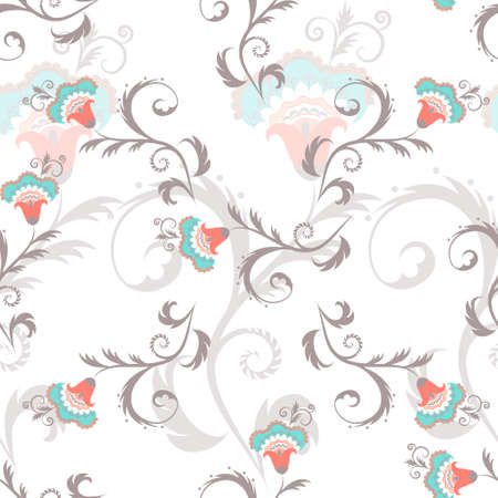 Seamless floral pattern in vintage colors. Detailed flower lace ornament on white background. Vintage wallpaper design. Can be used for packaging,invitations, greeting cardsのイラスト素材