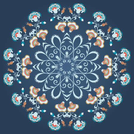 Floral round ornament, mandala in vintage style. Indian, eastern circular flower motif, vector pattern on dark backgroundのイラスト素材