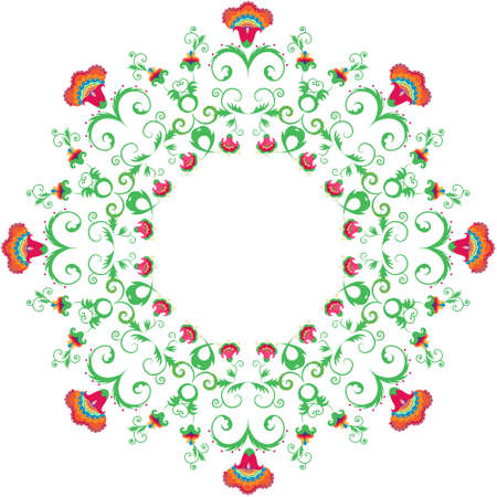 Abstract round ornament, mandala with indian styled flowers. Colorful circular floral motif, pattern isolated on white backgroundのイラスト素材