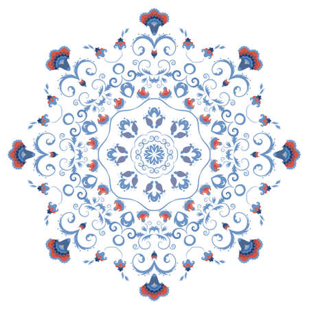 Abstract round ornament, mandala with styled flowers. Eastern circular floral motif, pattern isolated on white backgroundのイラスト素材