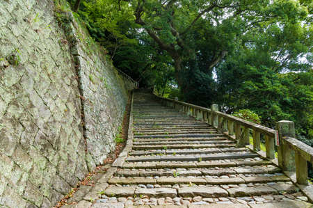 Steep stone stairs surrounded by lush green trees. Kunozan Tosho-gu shrine staircase, Shizuoka,...