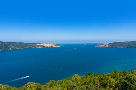 Aerial view of Bosporus and Black sea with ships on sunny dayの写真素材
