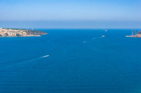 Aerial view of Bosporus and Black sea with ships on sunny day