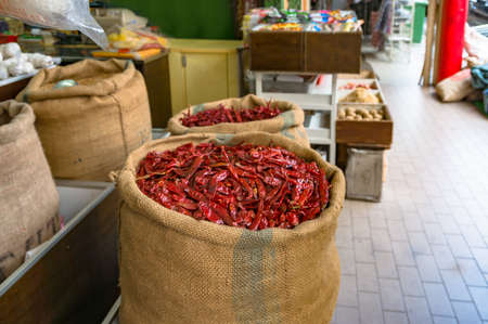Dry chilli peppers on the market. Spicy asian foodの写真素材