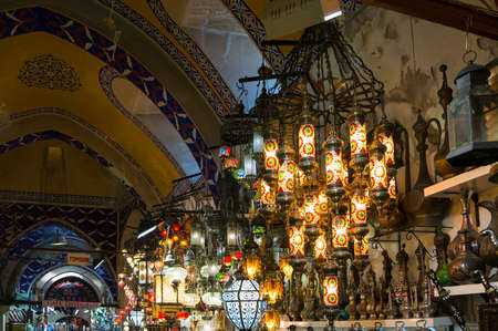 Istanbul, Turkey - August 27, 2013: Traditional turkish colorful lamps on sale on Grand Bazaarの写真素材