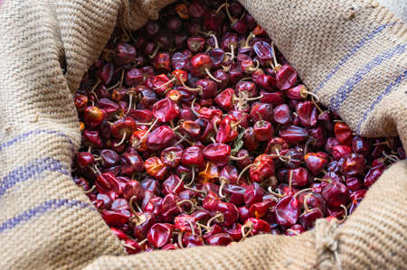 Dry chilli peppers on the market. Spicy asian food