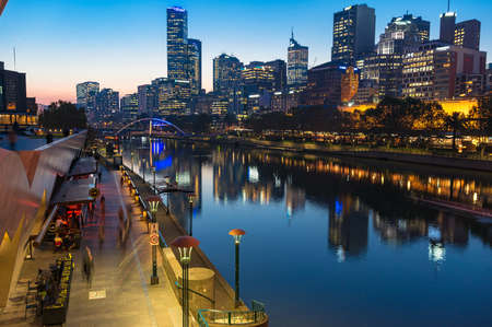 Melbourne, Australia - April 18, 2017: Southbank Promenade and Melbourne CBD view at night. Southbank is inner neighbourhood of Melbourne, Australiaのeditorial素材