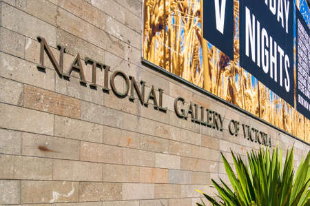 Melbourne, Australia - April 18, 2017: National Gallery of Victoria building with advertisement of Friday nights event at galleryのeditorial素材