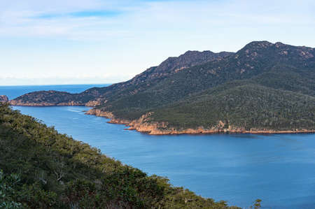 View from above on picturesque lagoon and mountains of Freycinet National Park in Tasmania. Australiaの写真素材