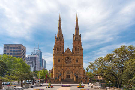 Sydney, Australia - October 11, 2015: St Mary s Cathedral landscape. Sydney famous landmark and main cathedralのeditorial素材