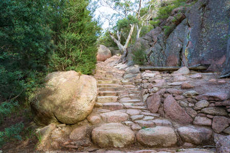 Rock, stone stairs on hiking path path, walkway