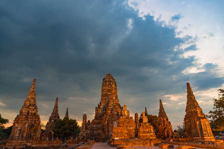 Panoramic view on ancient Wat Chai Wattanaram Buddhist temple with prangs, stupas and statues. Ayutthaya, Thailandの写真素材