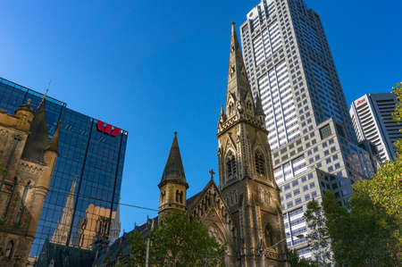 Melbourne, Australia - April 03, 2017: Historic Gothic Scots Church and contemporary Westpac bank building on Collins street in Melbourne Central Business Districtのeditorial素材