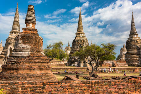 Ayutthaya, Thailand - January 1, 2016: Wat Phra Si Sanphet ruins with people on sunny dayのeditorial素材