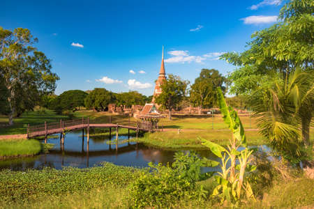 Park with palm trees and ruins of ancient temple. Ayutthaya, Thailandのeditorial素材