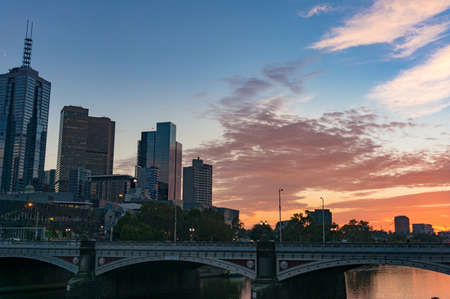 Melbourne downtown cityscape with colorful sunrise sky on the background. Melbourne, Australiaのeditorial素材