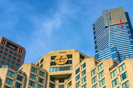 Melbourne, Australia - April 17, 2017: Langham hotel facade with Eureka tower on the backgroundのeditorial素材
