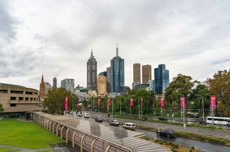 Melbourne, Australia - April 21, 2017: St Kilda road and Melbourne CBD view on rainy dayのeditorial素材