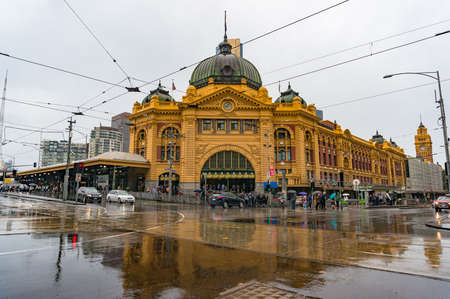 Melbourne, Australia - April 21, 2017: Flinders street station intersection on rainのeditorial素材
