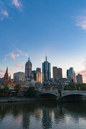 Melbourne downtown cityscape at dusk. Melbourne, Australiaのeditorial素材