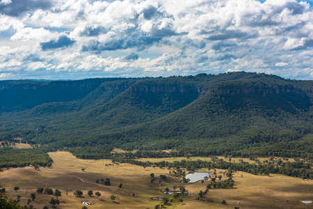 Aerial view Australian countryside landscape of beautiful valley among mountainsの写真素材