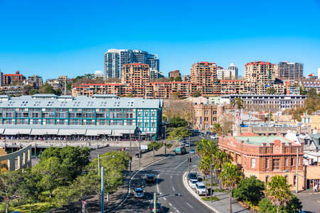 Sydney, Australia - July 3: Woolloomooloo and Potts Point neighbourhoods with historic Woolloomooloo wharf and Bells hotel aerial viewのeditorial素材