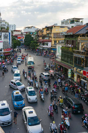Hanoi, Vietnam - August 12, 2017: Rush hour with dense traffic in Hanoi city centre view from aboveのeditorial素材