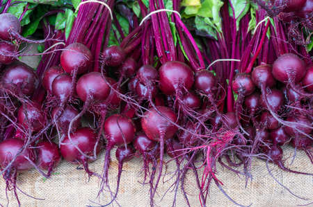 Bundles of fresh ripe beetroot on display at farmers market, Food background