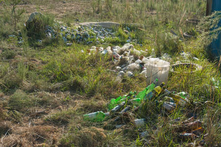 Piles of broken glass bottles in grass. Rubbish, trush in nature scene