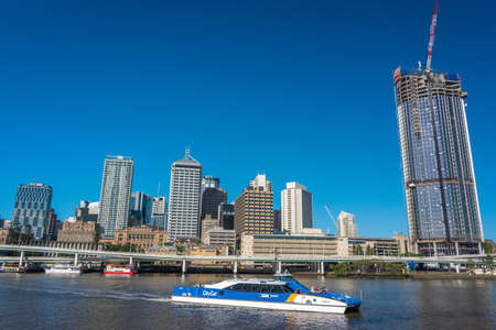 Brisbane, Australia - February 20, 2016: Brisbane cityscape with public water transport and Riverside Expresswayのeditorial素材
