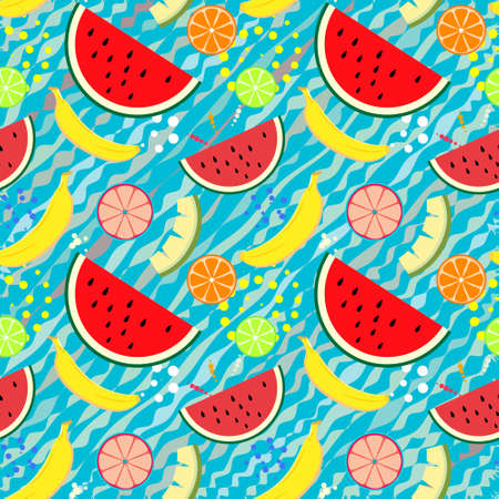 Summer fruits seamless vector pattern with watermelon pieces, bananas and citrus with oranges and...