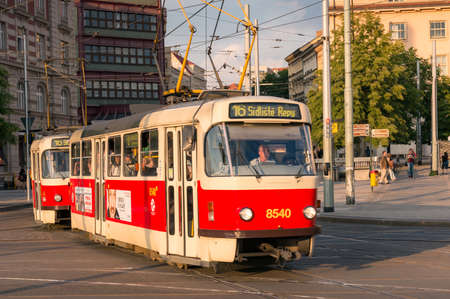 Prague, Czech Republic - May 22, 2018: Red tramway public transport with driver and passengersのeditorial素材