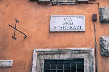 Rome, Italy - September 21, 2013: Street sign of Via Degli Staderari on old building in Rome. Tourist navigationの写真素材