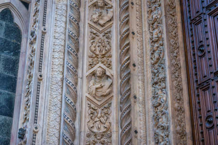 Close up of intricate stone decorations of exterior walls of Santa Maria del Fiore cathedral in...