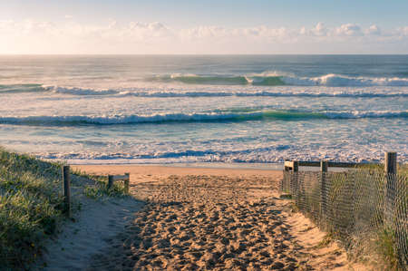 Entrance to the beach with beautiful waves at sunrise with soft sunshine. Summer holiday nature...