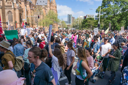 Sydney, Australia - September 20, 2019: Strike for climate change in Sydney. People with placards and posters on global Strike for climate changeのeditorial素材