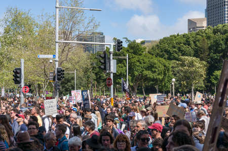 Sydney, Australia - September 20, 2019: Strike for climate change in Sydney. People demanding...