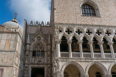 Venice, Italy- September 27, 2013: Architectural details of Gothic Dodge Palace on St Mark Square in Venice, Italyのeditorial素材