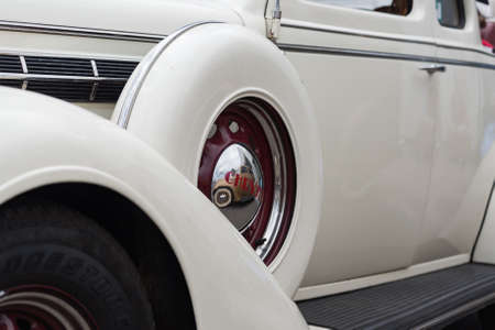 Sydney, Australia - April 14, 2019: White vintage Crysler car front detail. Classic luxury car exhibition at Easter show in Cronulla suburb of Sydneyのeditorial素材