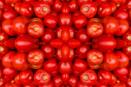 Symmetric collage of red ripe tomatoes. Food background. の写真素材