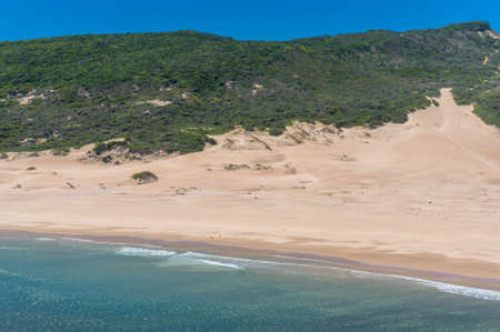 Aerial drone view of beautiful sandy beach. Summer beach holiday vacation background. Robberg Nature Reserve, South Africaの写真素材