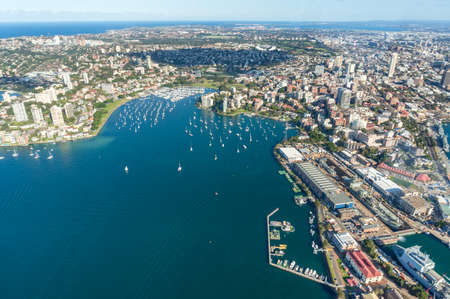 Aerial cityscape of Sydney Blackburn Cove, Darling Point and Double Bay suburbs. Real estate property in luxury suburbs of Sydney, Australia. Urban housing and developmentの写真素材