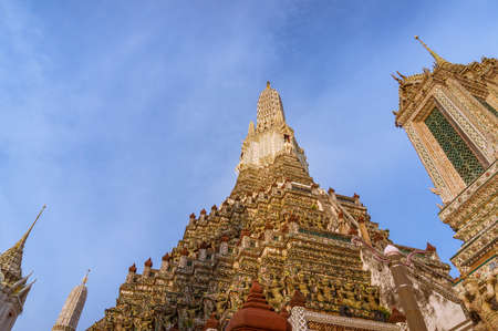 Highly ornated decorated temple building, prang of Wat Arun or Temple of Dawnの写真素材