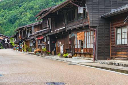 Narai, Japan - September 6, 2016: Narai town street with wooden houses and shopsのeditorial素材
